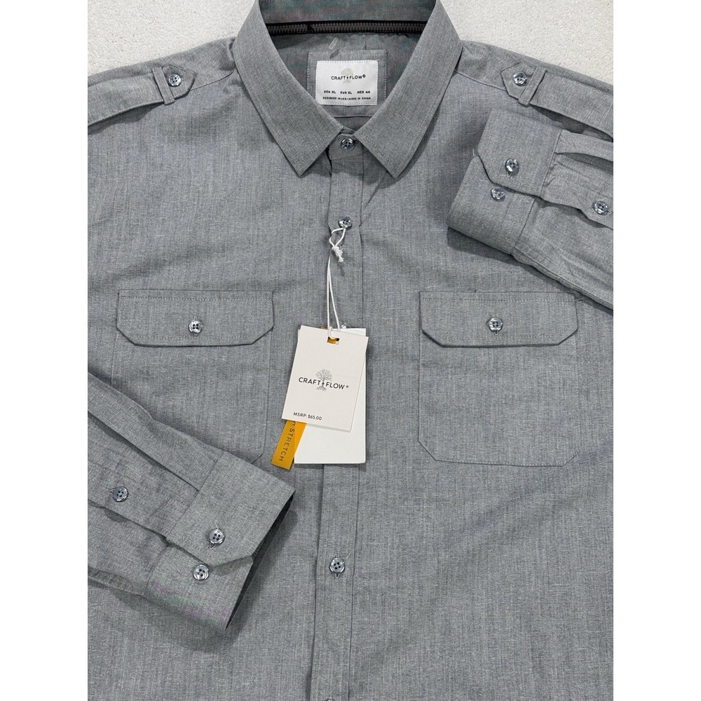 Craft & Flow Military Shirt Men XL Gray LS Piper Button‎ Front Dual Pkt